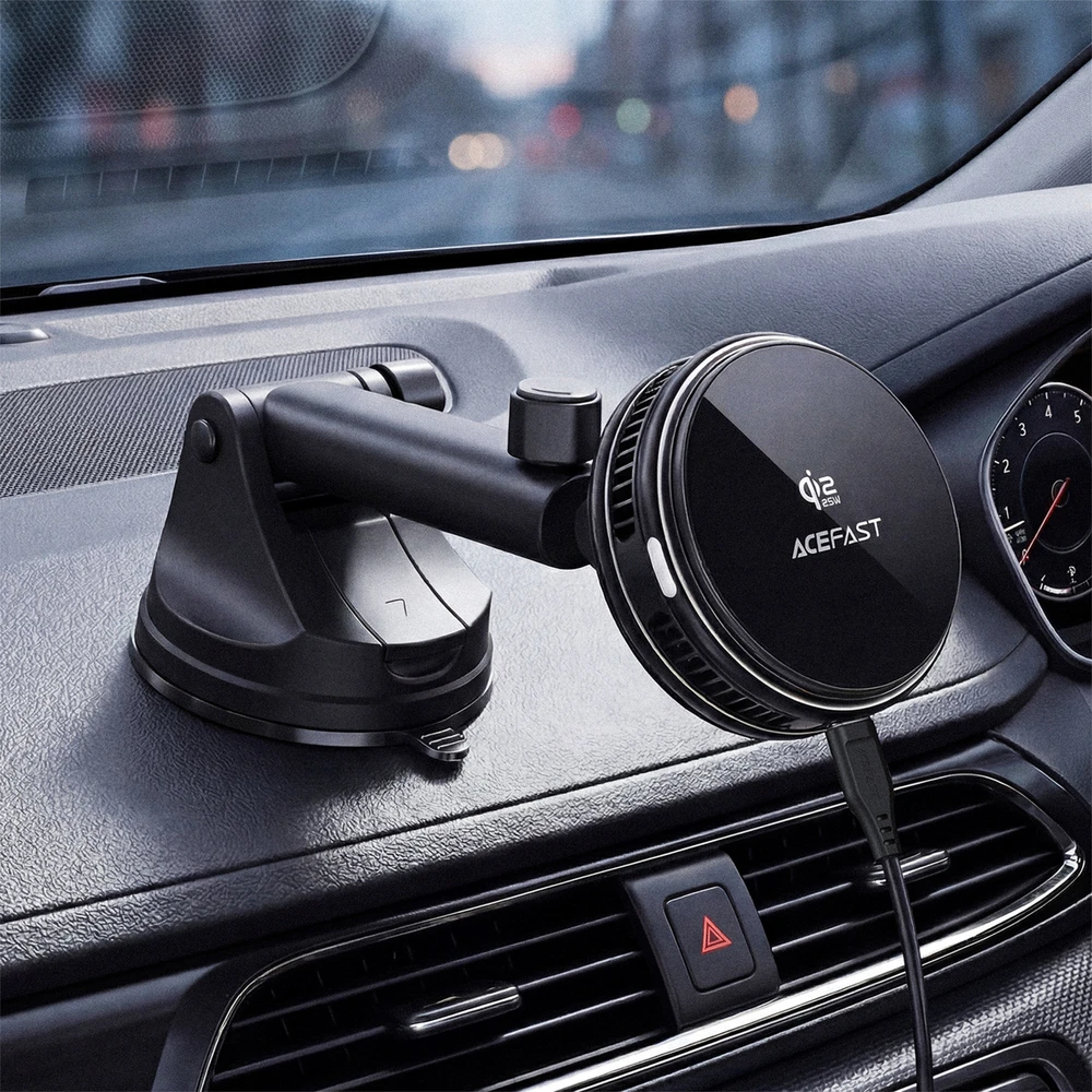 Acefast D67 Magnetic Dashboard Car Mount with Qi2 25W Wireless Charging and Cooling - Juodas