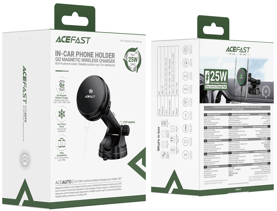 Acefast D67 Magnetic Dashboard Car Mount with Qi2 25W Wireless Charging and Cooling - Juodas