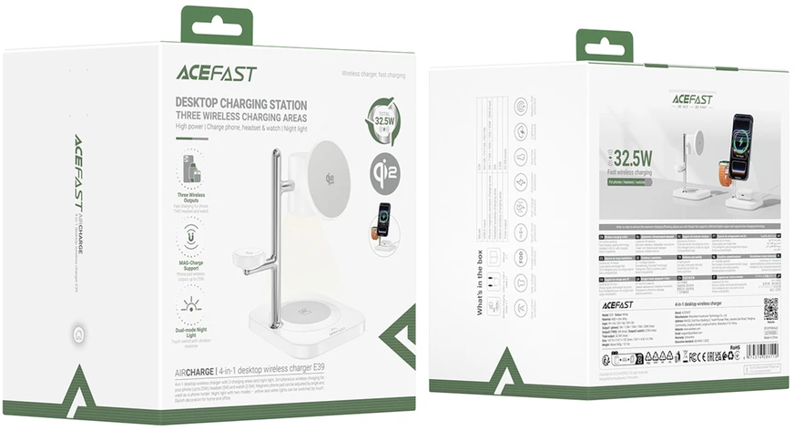 Acefast E39 Qi2.2 25W 4 viename belaidis stalo įkroviklis telefonui, laikrodžiui ir ausinėms su naktiniu apšvietimu – baltas