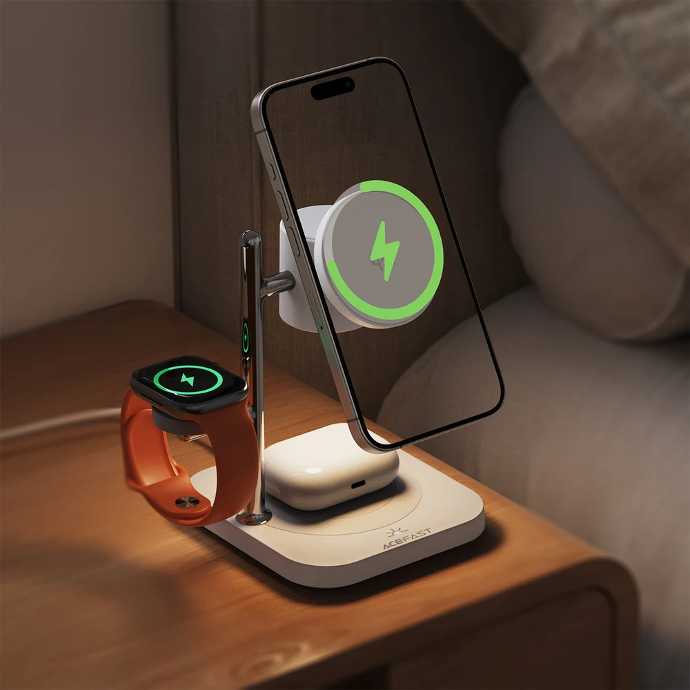 Acefast E39 Qi2.2 25W 4 viename belaidis stalo įkroviklis telefonui, laikrodžiui ir ausinėms su naktiniu apšvietimu – baltas
