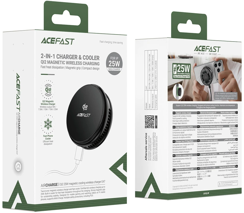 Acefast E47 Qi2 25W Magnetic Wireless Charger with Cooling - Juodas