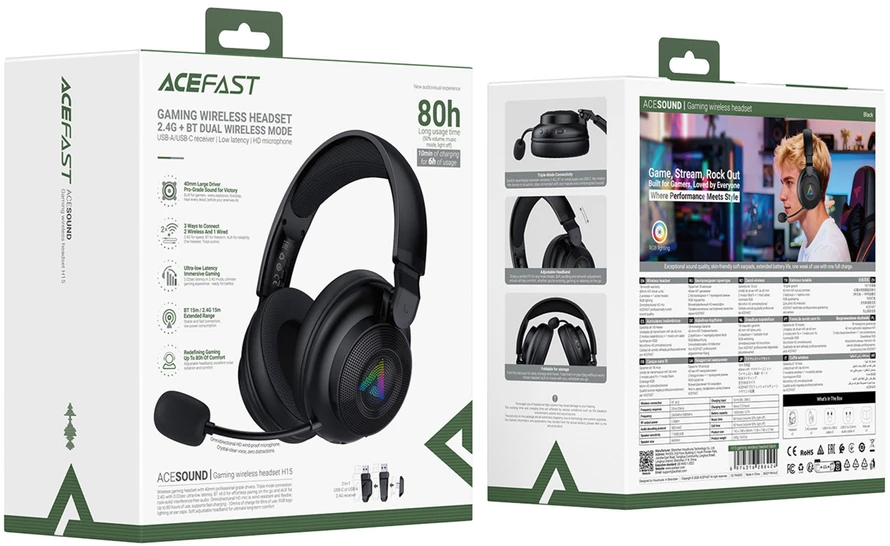 Acefast H15 Belaidės Bluetooth / 2.4 GHz / AUX Ausinės Žaidimams su mikrofonu ir RGB Backlight - Juodas
