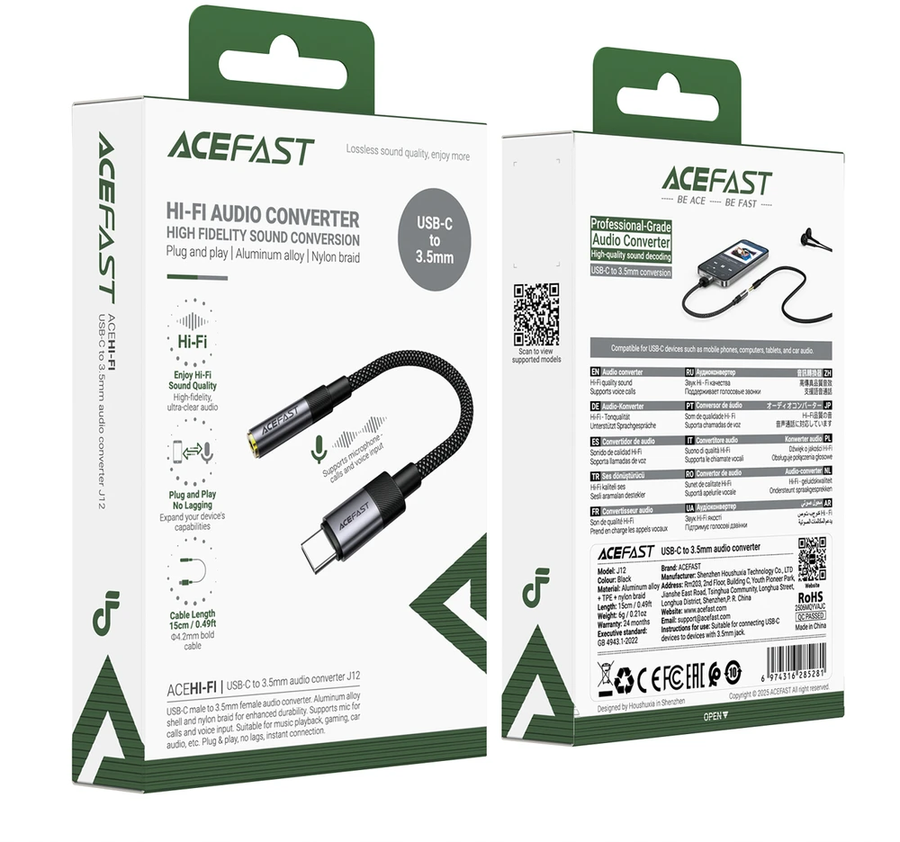 Acefast J12 USB-C to 3.5mm mini jack adapter - juodas