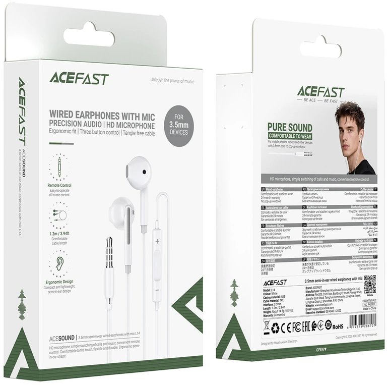 Acefast L14 į ausis įkišamos su laidu ausinės with 3.5 mm mini jack microphone - baltas