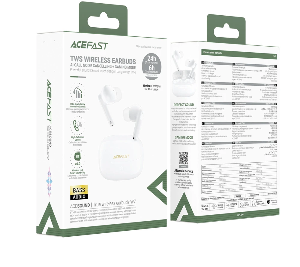 Acefast W7 TWS į ausis įkišamos belaidės ausinės with ENC - baltas
