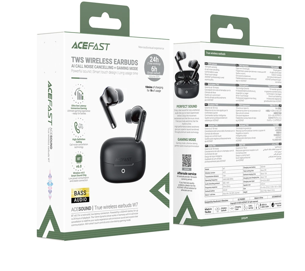 Acefast W7 TWS į ausis įkišamos belaidės ausinės with ENC - juodas