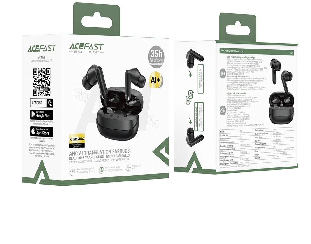 Acefast W8 TWS In-Ear Belaidės Ausinės with ANC ENC AI Translation - Juodas