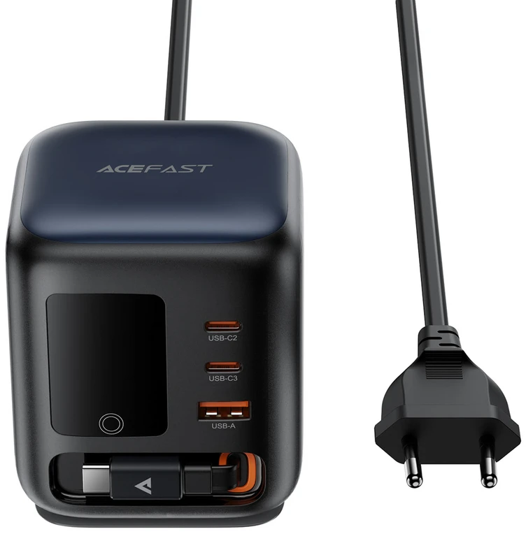 Acefast Z10 GaN 100W 3xUSB Desktop Charger with Retractable USB-C Cable and TFT Ekranas - Juodas