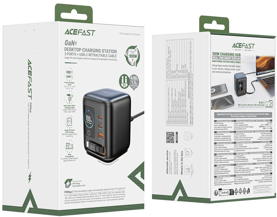 Acefast Z10 GaN 100W 3xUSB Desktop Charger with Retractable USB-C Cable and TFT Ekranas - Juodas