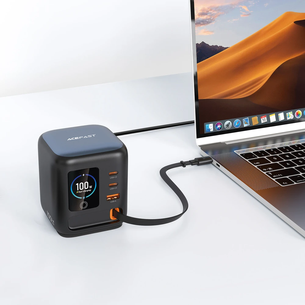 Acefast Z10 GaN 100W 3xUSB Desktop Charger with Retractable USB-C Cable and TFT Ekranas - Juodas