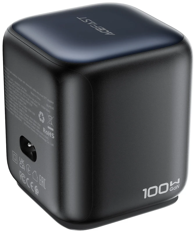 Acefast Z10 GaN 100W 3xUSB Desktop Charger with Retractable USB-C Cable and TFT Ekranas - Juodas