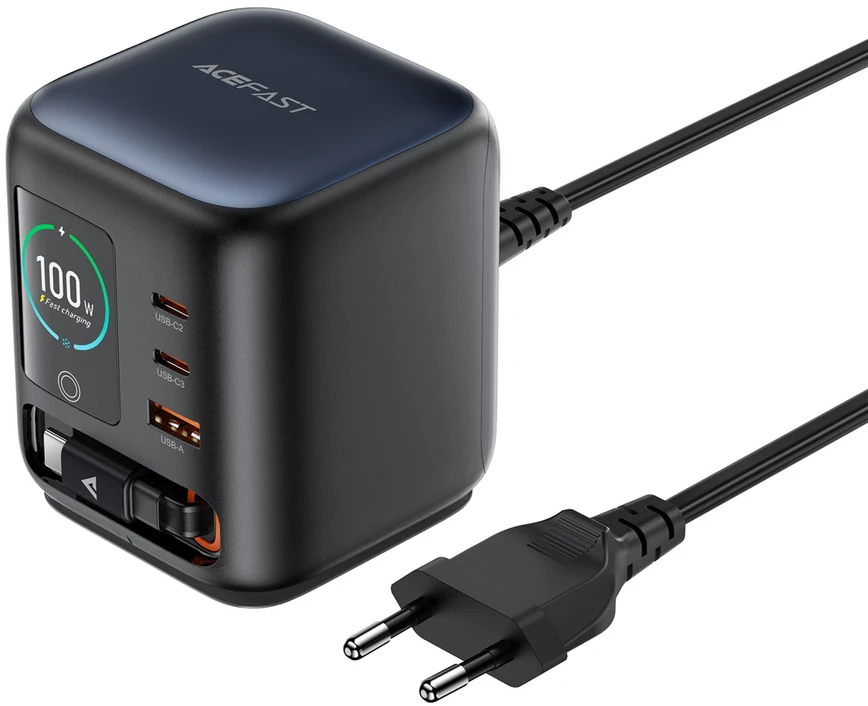 Acefast Z10 GaN 100W 3xUSB Desktop Charger with Retractable USB-C Cable and TFT Ekranas - Juodas