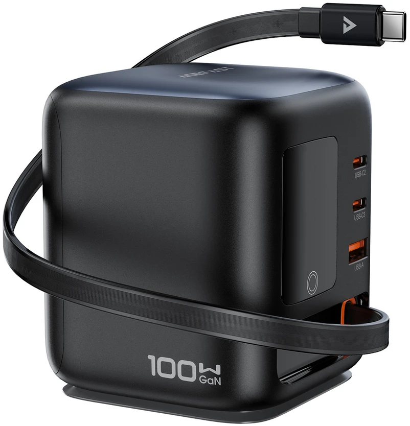 Acefast Z10 GaN 100W 3xUSB Desktop Charger with Retractable USB-C Cable and TFT Ekranas - Juodas