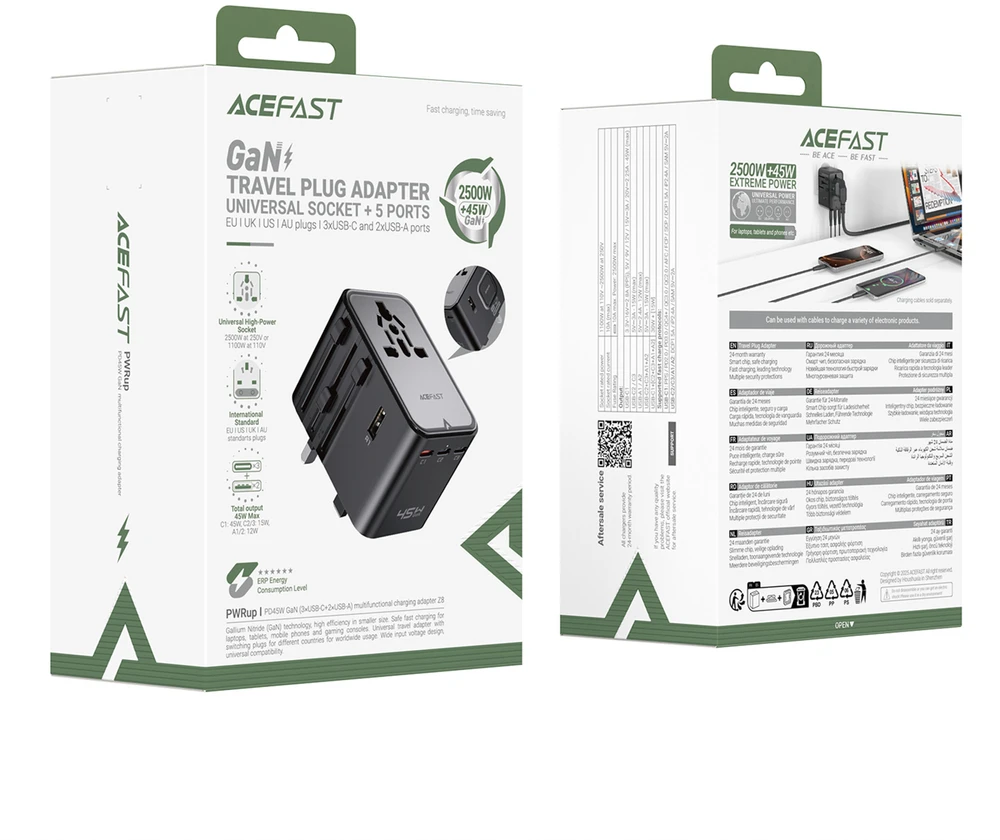 Acefast Z8 GaN 45W kelioninis adapteris su 3x USB-C + 2x USB-A kelioniniu sieniniu įkrovikliu ir 2500W kintamosios srovės lizdu – juodas