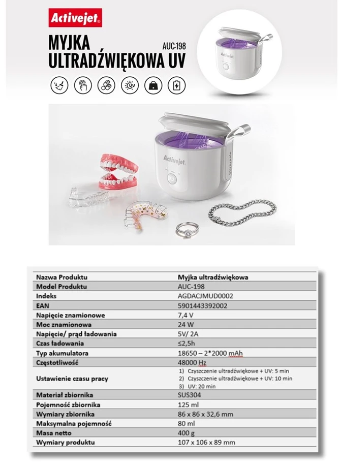„Activejet“ USB įkraunamas UV ultragarsinis valiklis AUC-198 baltas
