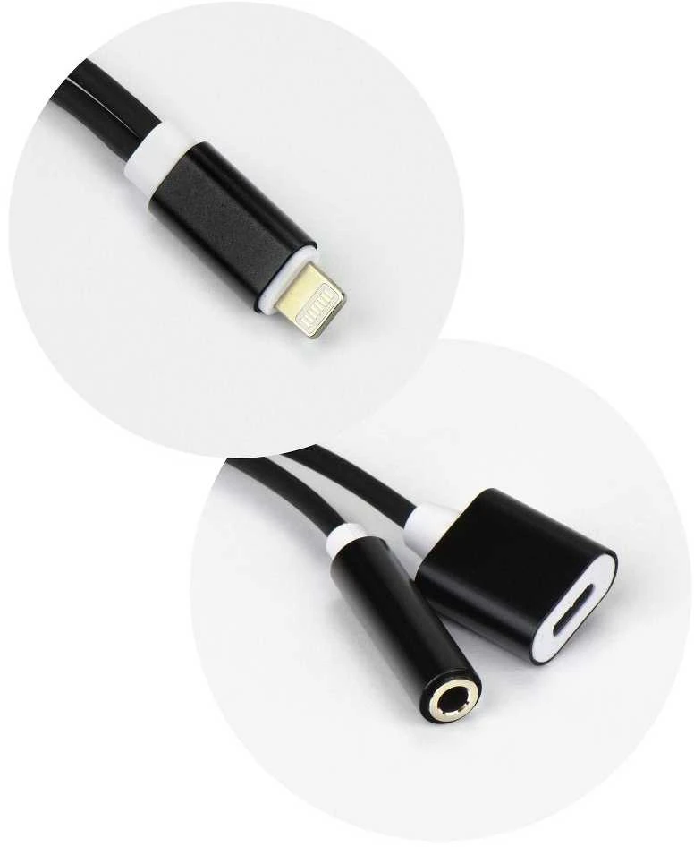 HQ adapteris „Lightning“ į 3,5 mm garso ausinių adapteris + C tipo įkroviklio kištukas (OEM) Juodas