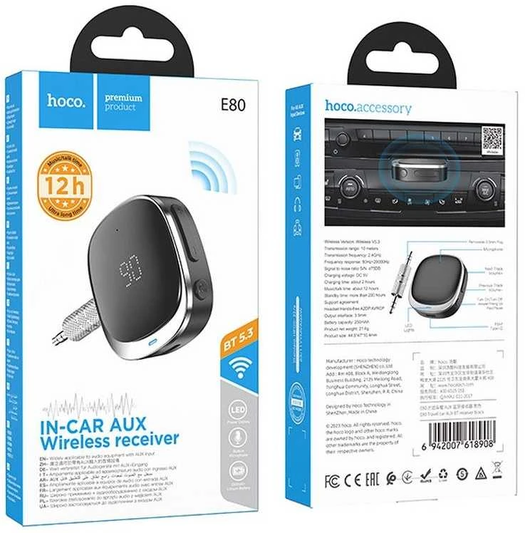 Adapteris AUX „Bluetooth“ lizdas 3,5 mm Hoco su ekranu E80 juodas
