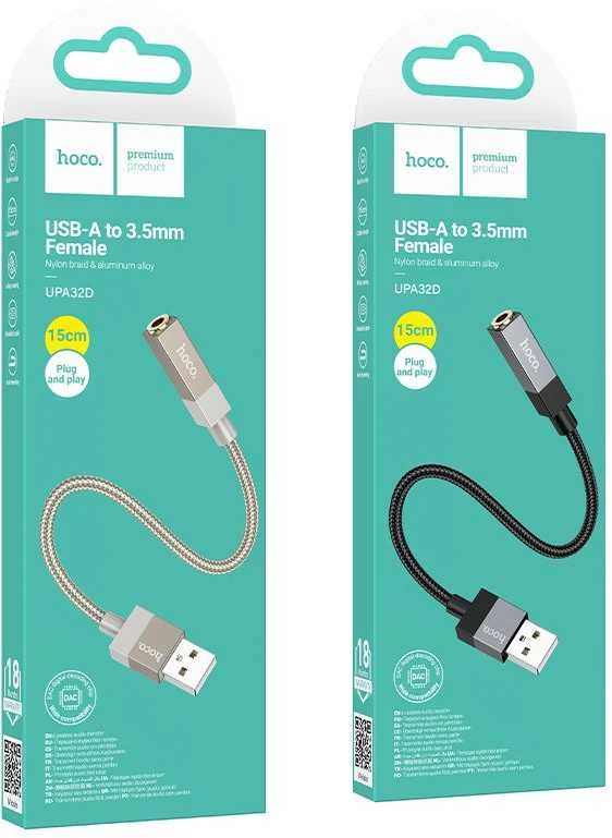 Adapteris AUX USB A (male) to Jack 3,5 mm (female) Hoco UPA32D juodas