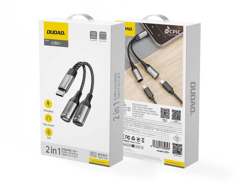 Dudao L13C+ 2in1 USB-C adapteris – pilkas