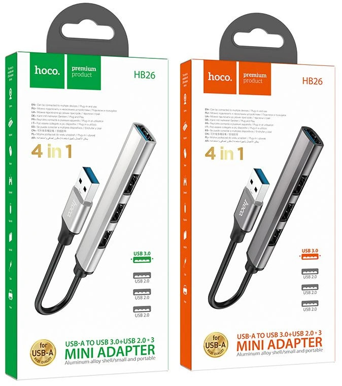 USB šakotuvas Hoco HB26 4-in-1 adapter USB-A to 1xUSB3.0 + 3xUSB2.0 pilkas