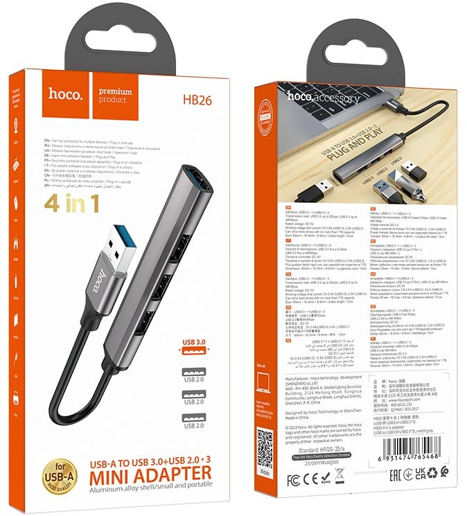USB šakotuvas Hoco HB26 4-in-1 adapter USB-A to 1xUSB3.0 + 3xUSB2.0 pilkas