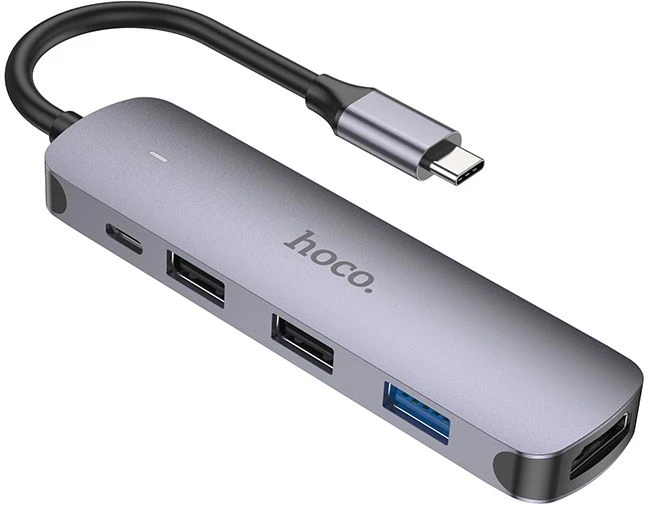 Adapteris Hoco HB27 Type-C daugiafunkcis keitiklis HDMI+USB3.0+USB2.0*2+PD pilkas