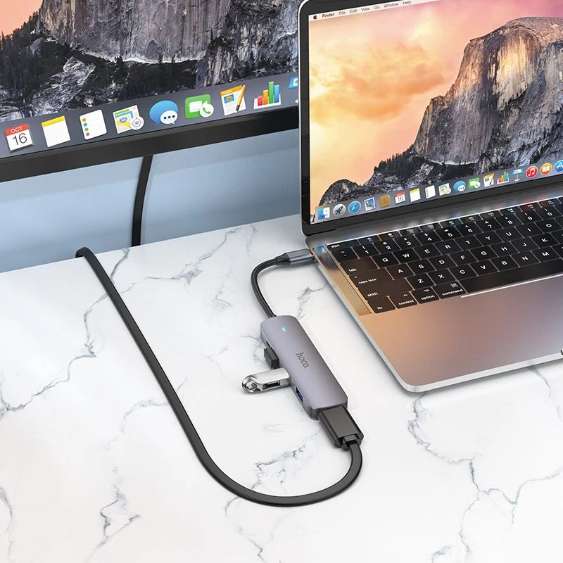 Adapteris Hoco HB27 Type-C daugiafunkcis keitiklis HDMI+USB3.0+USB2.0*2+PD pilkas