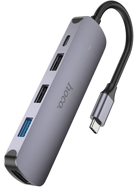 Adapteris Hoco HB27 Type-C daugiafunkcis keitiklis HDMI+USB3.0+USB2.0*2+PD pilkas