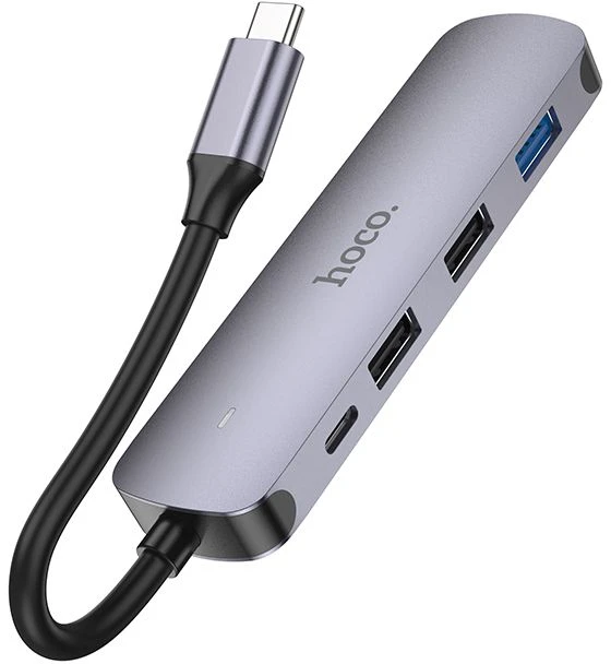 Adapteris Hoco HB27 Type-C daugiafunkcis keitiklis HDMI+USB3.0+USB2.0*2+PD pilkas