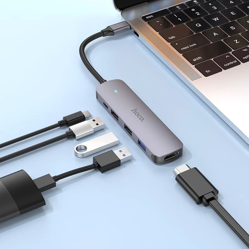 Adapteris Hoco HB27 Type-C daugiafunkcis keitiklis HDMI+USB3.0+USB2.0*2+PD pilkas