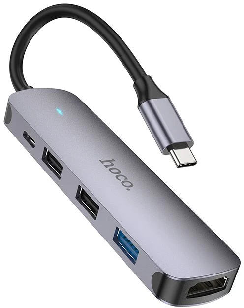 Adapteris Hoco HB27 Type-C daugiafunkcis keitiklis HDMI+USB3.0+USB2.0*2+PD pilkas