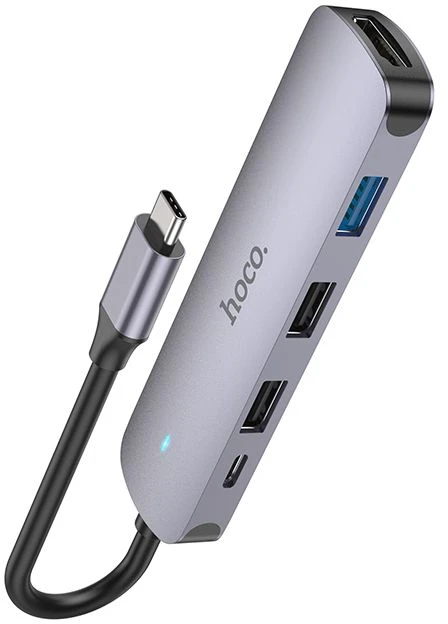 Adapteris Hoco HB27 Type-C daugiafunkcis keitiklis HDMI+USB3.0+USB2.0*2+PD pilkas