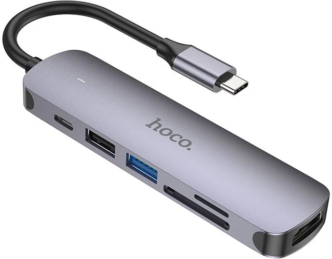 Adapteris Hoco HB28 Type-C daugiafunkcis keitiklis HDMI+USB3.0+USB2.0+SD+TF+PD pilkas