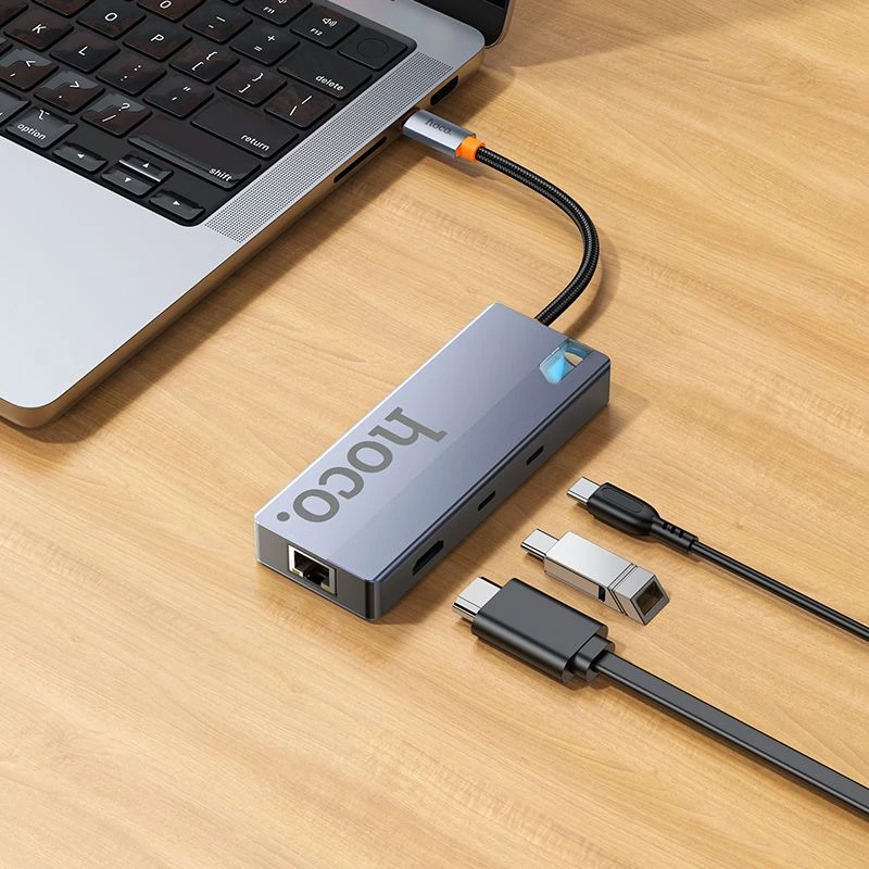 Adapteris HUB 8w1 (HDTV+RJ45+SD/TF+PD+Type-C 3.0+USB 3.0 x 2) USB-C Hoco HB52 pilkas