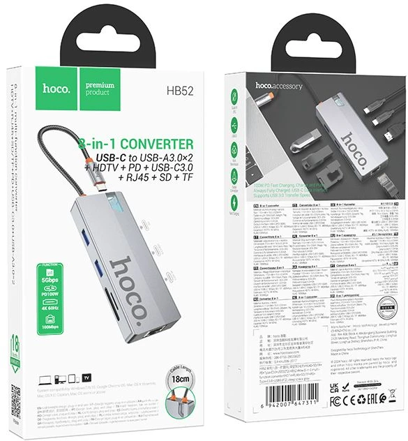 Adapteris HUB 8w1 (HDTV+RJ45+SD/TF+PD+Type-C 3.0+USB 3.0 x 2) USB-C Hoco HB52 pilkas