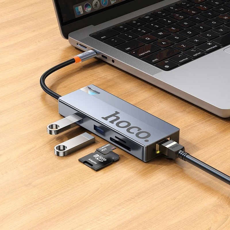 Adapteris HUB 8w1 (HDTV+RJ45+SD/TF+PD+Type-C 3.0+USB 3.0 x 2) USB-C Hoco HB52 pilkas