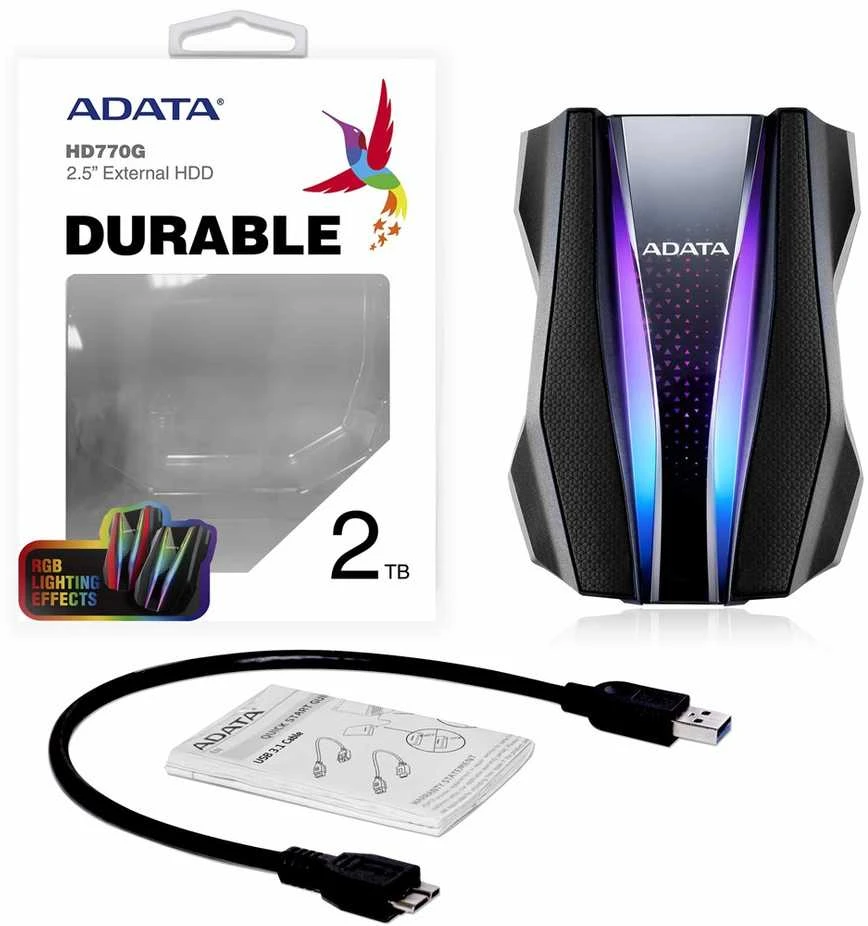 ADATA Išorinis kietasis diskas | HD770G | 2000 GB | USB 3.2 Gen1 (atgalinis suderinamas su USB 2.0) | Juodas | Suderinamumas su konkrečiais pagrindiniais įrenginiais gali skirtis ir gali būti paveiktas sistemos aplinkos. Norint prijungti per USB 2.0, reikia prijungti du USB jungtys, kad būtų pakankamai energijos. Reikės USB Y kabelio.