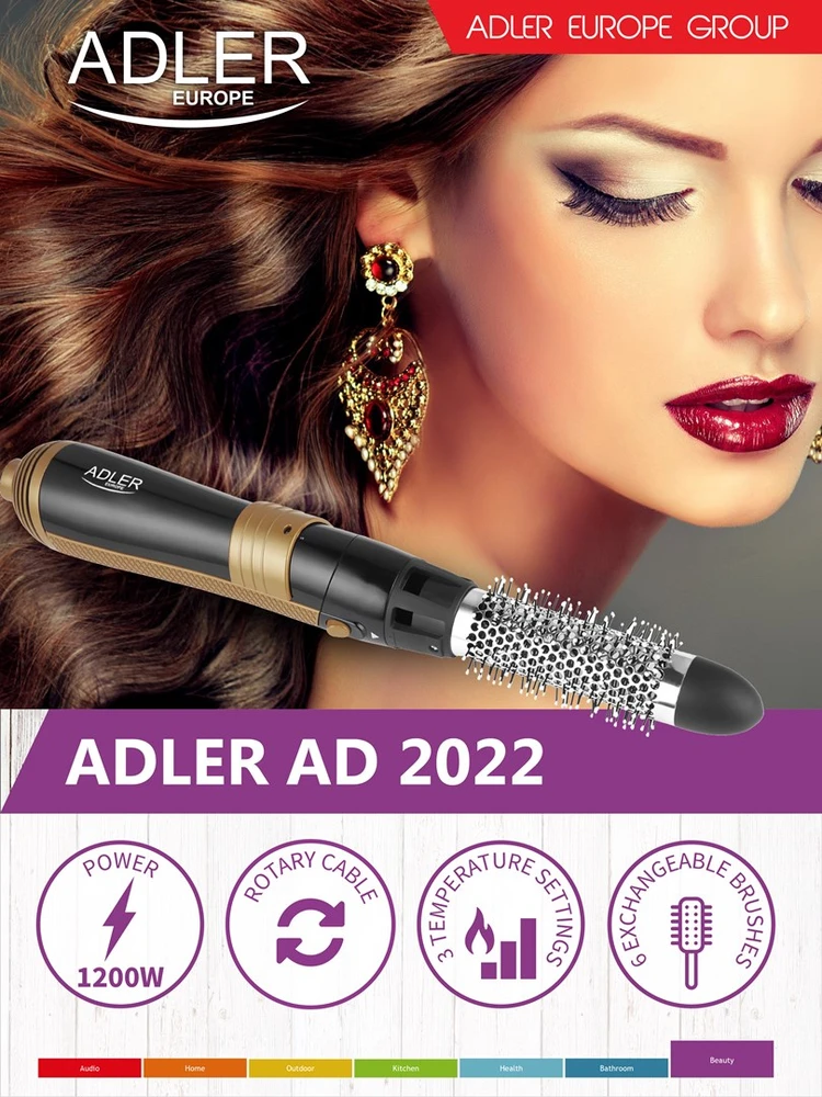 Adler | Plaukų formuotojas | AD 2022 | Temperatūra (maks.) 80 °C | Šildymo lygių skaičius 3 | 1200 W | Juodas