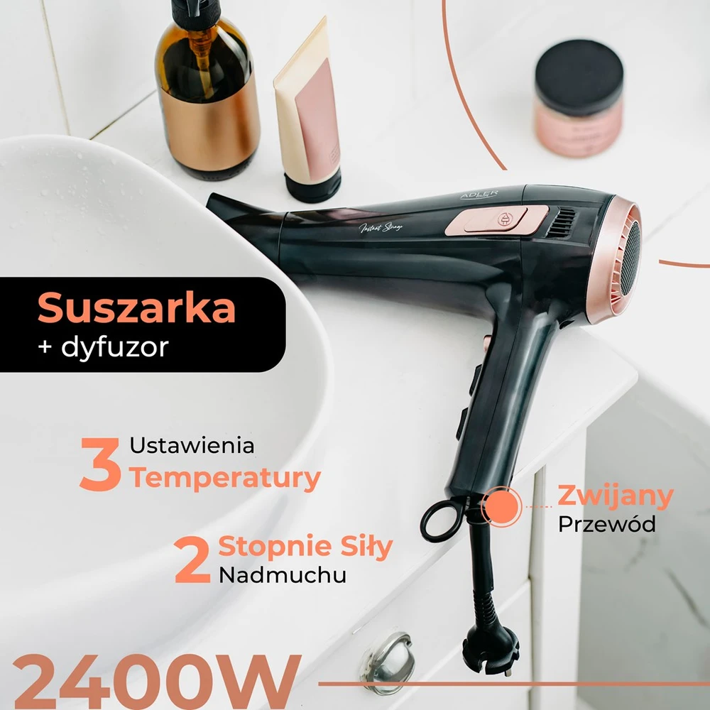 Adler AD 2283 plaukų džiovintuvas su 2400W galia ir difuzoriumi