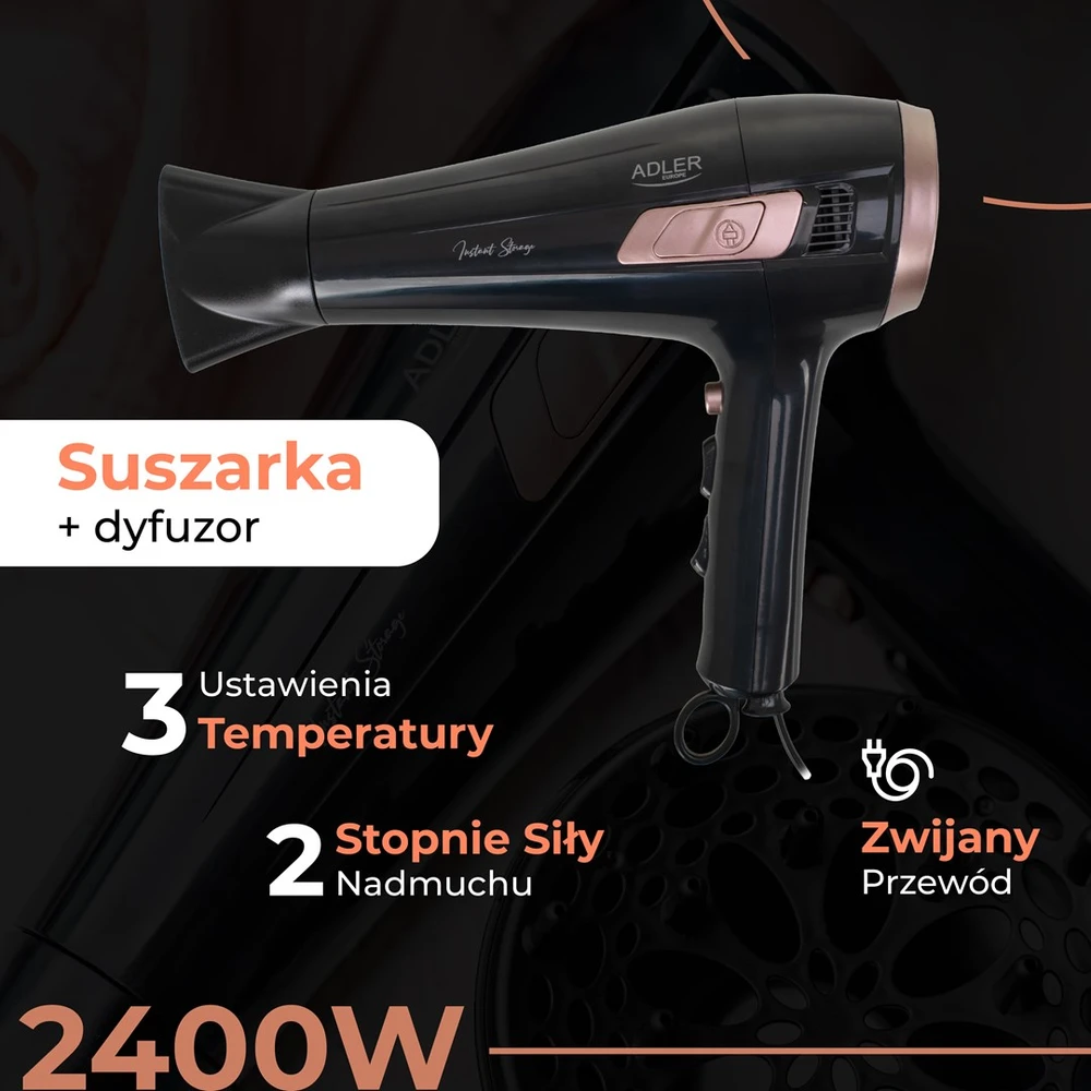 Adler AD 2283 plaukų džiovintuvas su 2400W galia ir difuzoriumi