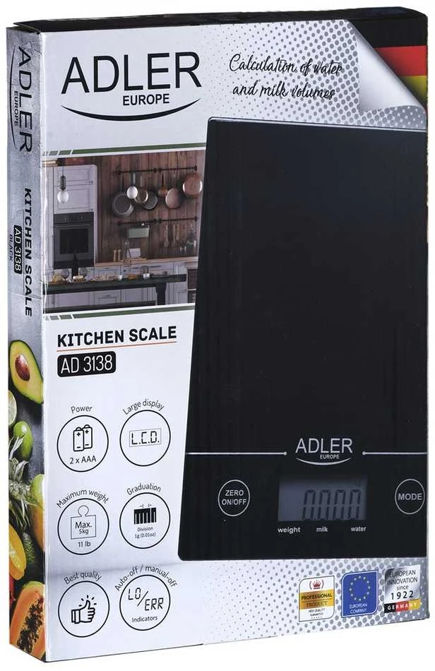 Adler | Virtuvinės svarstyklės | Adler AD 3138 | Maksimalus svoris (talpa) 5kg | Graduacija 1 g | Ekrano tipo LCD | Juodas