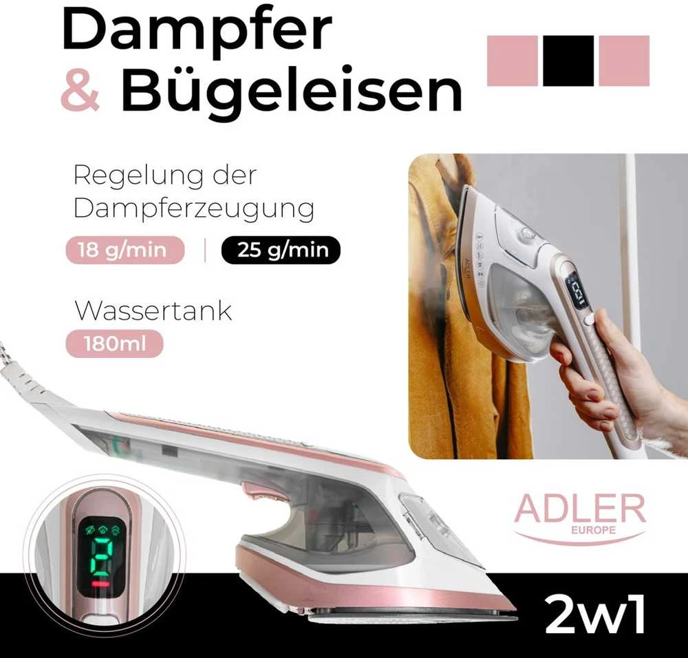 Adler 2in1 drabužių garintuvas ir lygintuvas | AD 5044 | Rankinis | 1400 W | 0,18 l | 25 g/min | Baltas/Auksinis