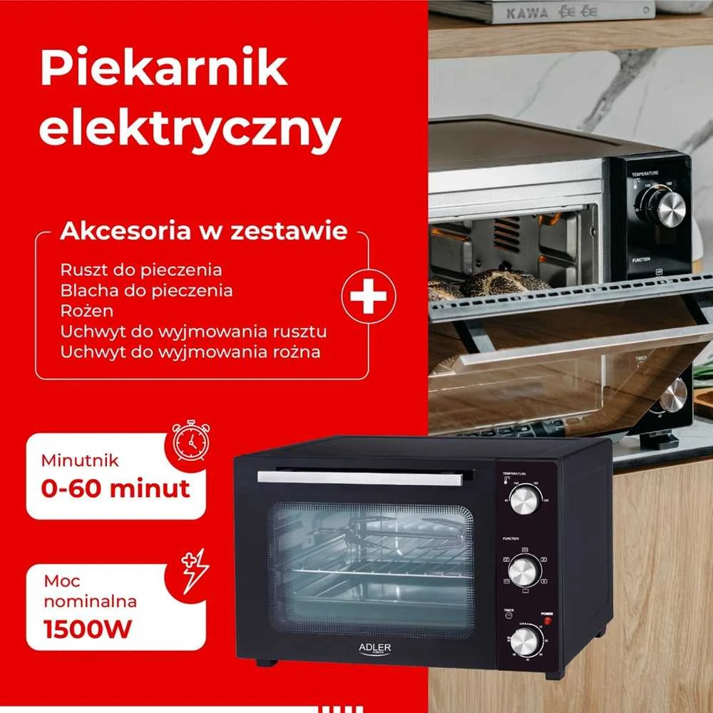 Mikrobangų krosnelė Adler Electric orkaitė | AD 6026 | 48 L | 1800 W | Juodas