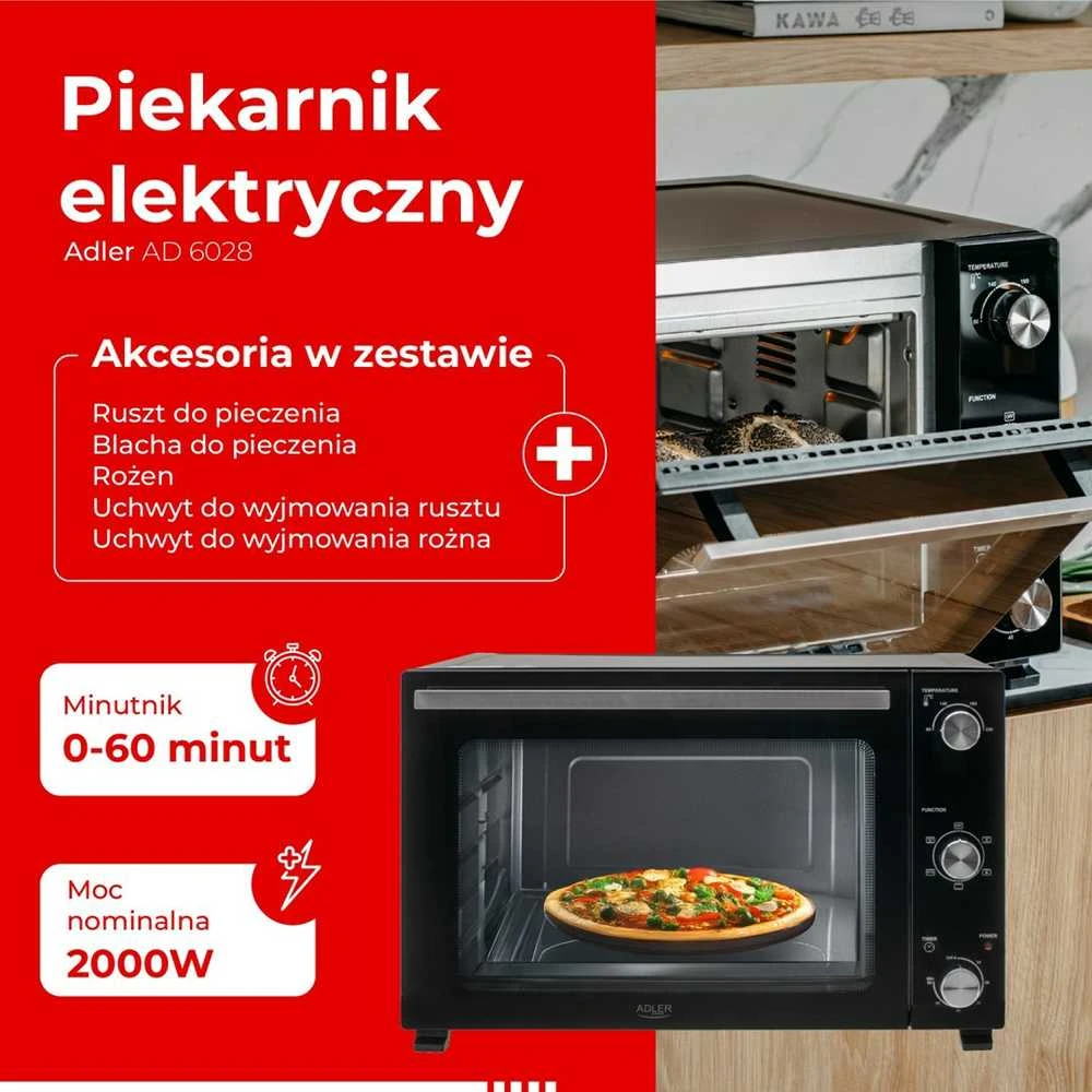 Mikrobangų krosnelė Adler Electric orkaitė | AD 6028 | 60 L | 2000 W | Juodas