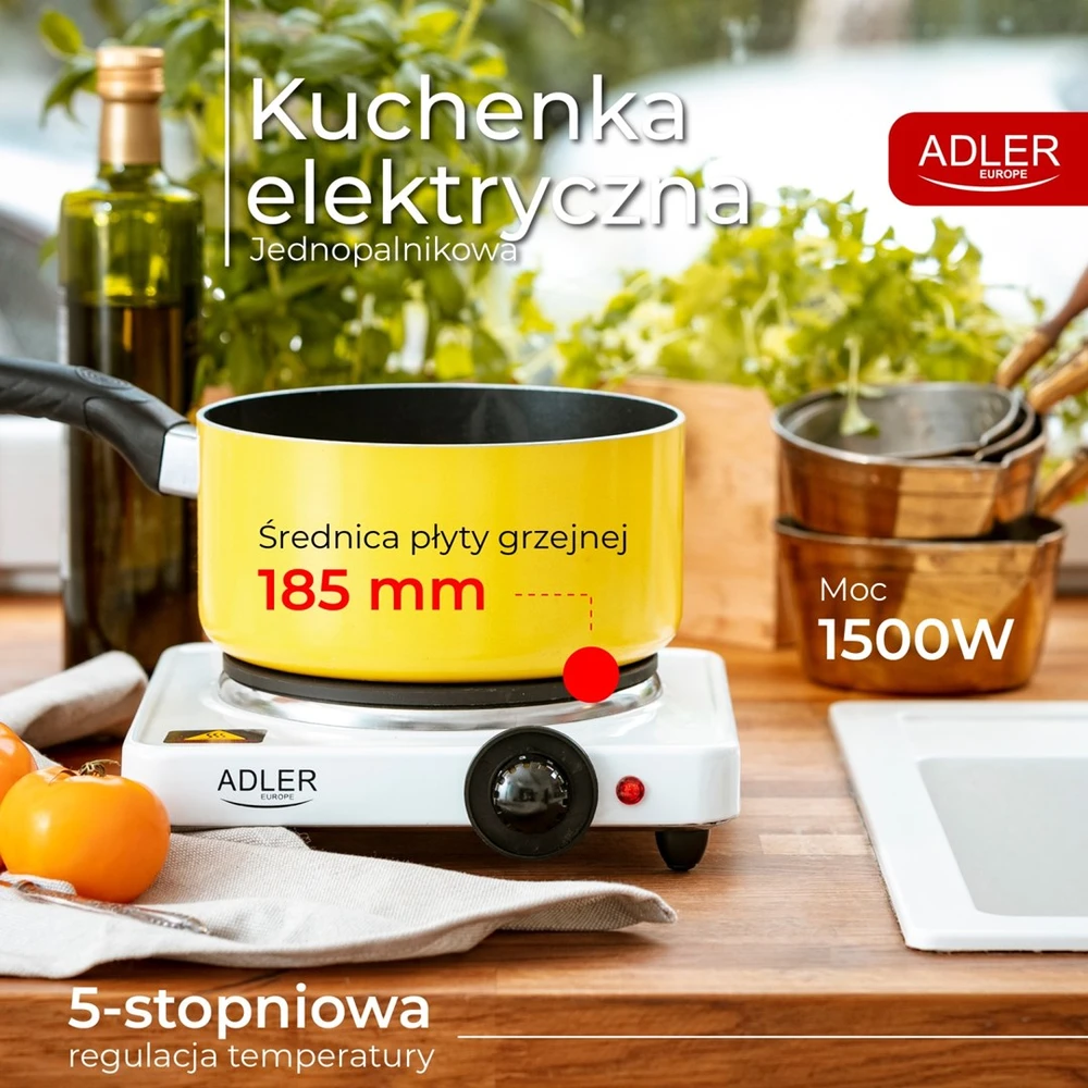 Adler | Laisvai pastatoma stalo kaitlentė | AD 6503 | Degiklių / virimo zonų skaičius: 1 | Elektrinė | Baltas