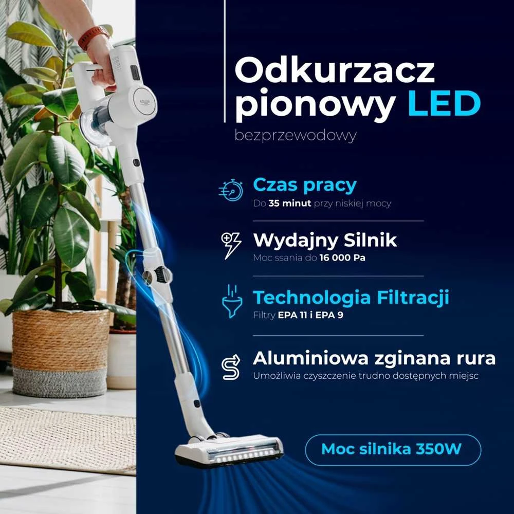 Adler Dulkių siurblys | AD 7060 | Belaidis veikimas | 350 W | 22 V | Veikimo laikas (maks.) 35 min. | Balta | Garantija 24 mėn.