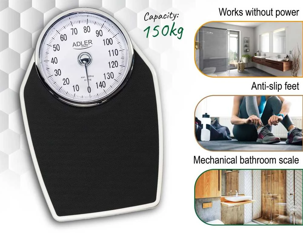 Virtuvinės svarstyklės Adler | Mechaninės vonios svarstyklės | AD 8177 | Didžiausias svoris (keliamoji galia) 150 kg | Tikslumas 1000 g | Juodas