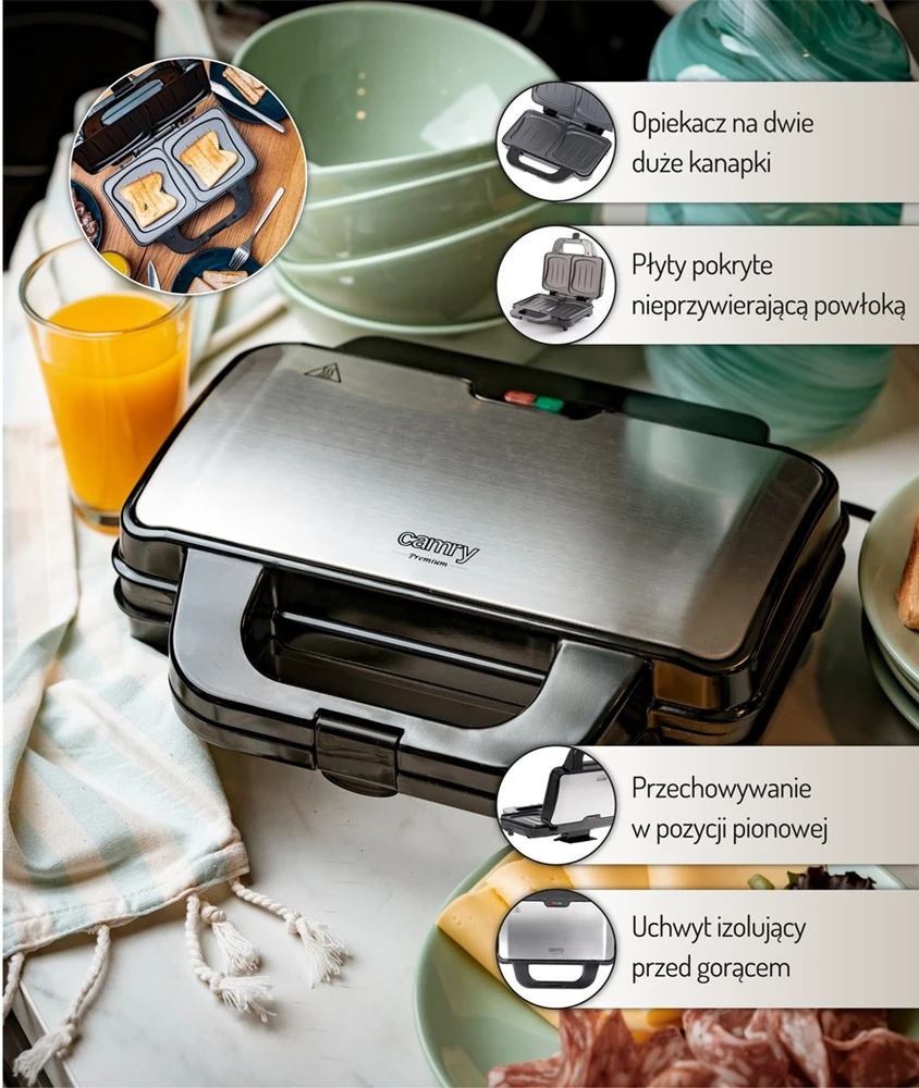 Sumuštinių keptuvas Camry | Sumuštinių keptuvė XL | CR 3054 | 900 W | Lentelių skaičius 1 | Kepinių skaičius 2 | Juodas