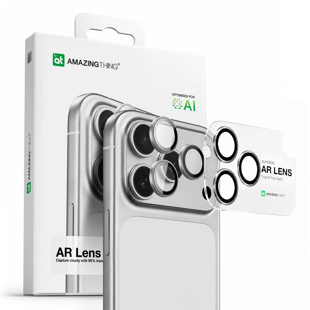 AmazingThing Lens Glass skirtas Apple iPhone 17 Pro / Pro Max with Sidabrinis Aluminum Frame