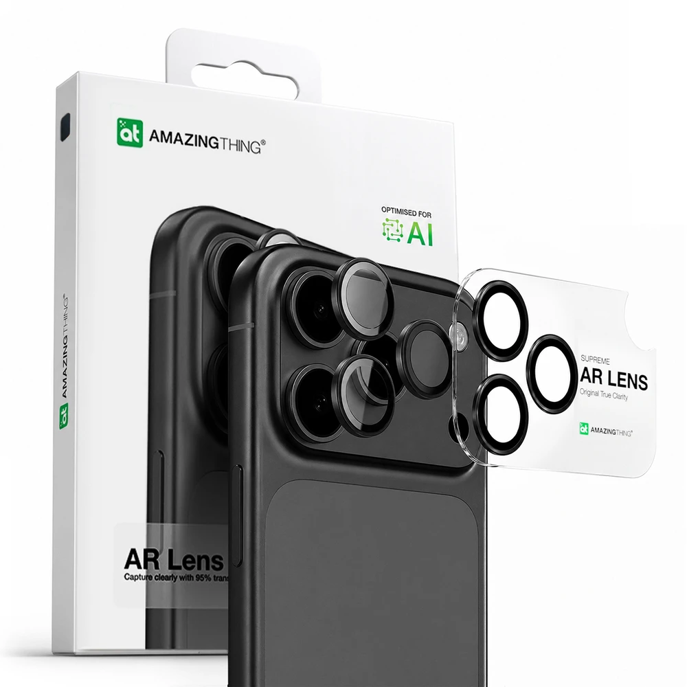 „AmazingThing“ stiklinis dėklas „Apple iPhone 17 Pro / Pro Max“ su pilku aliuminio rėmeliu